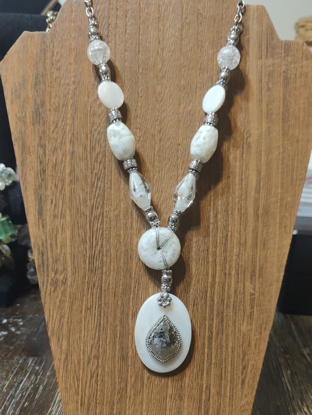 Women’s White Beaded Pendant Necklace with Silver Accents